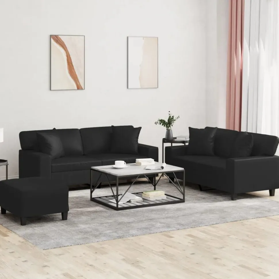 vidaXL 3-delige Loungeset met kussens kunstleer zwart