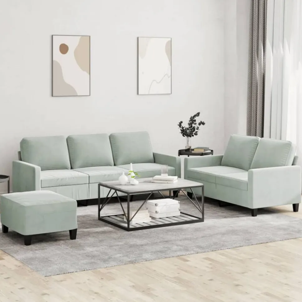 vidaXL 3-delige Loungeset met kussens fluweel lichtgrijs