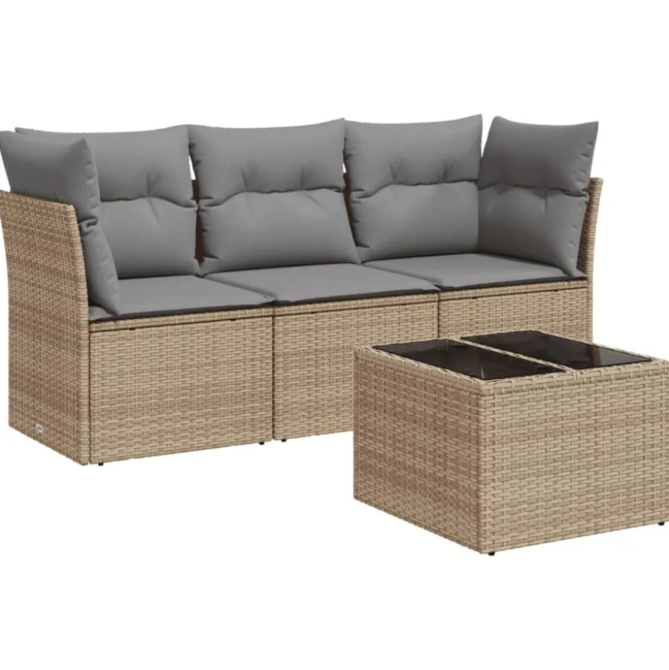 vidaXL 4-delige Loungeset met kussens poly rattan beige