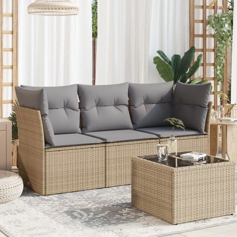 vidaXL 4-delige Loungeset met kussens poly rattan beige