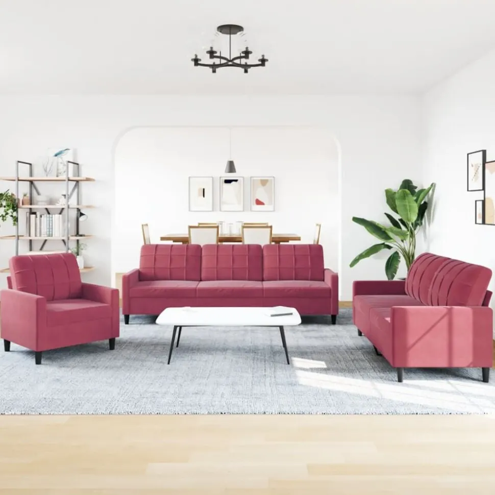 vidaXL 3-delige Loungeset met kussens fluweel wijnrood