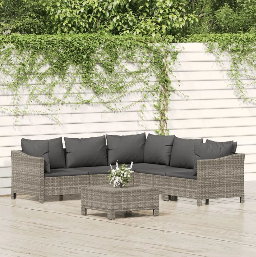 vidaXL 6-delige Loungeset met kussens poly rattan grijs
