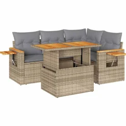 vidaXL 5-delige Loungeset met kussens poly rattan en acaciahout beige