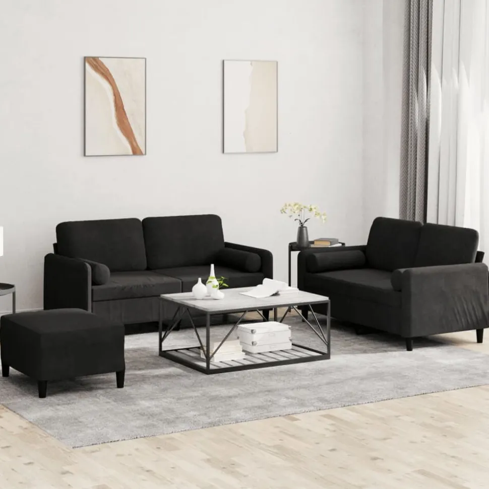 vidaXL 3-delige Loungeset met kussens fluweel zwart