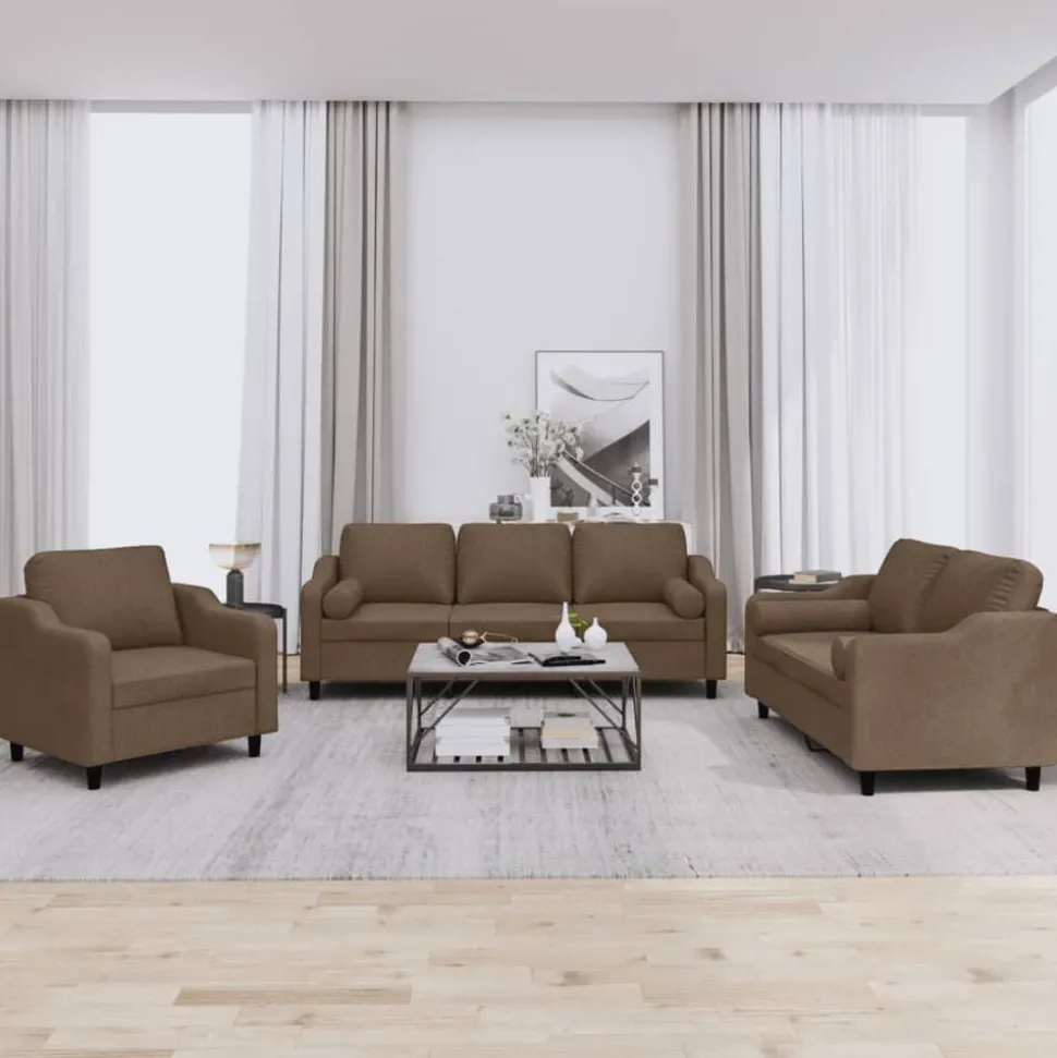 vidaXL 3-delige Loungeset met kussens stof bruin