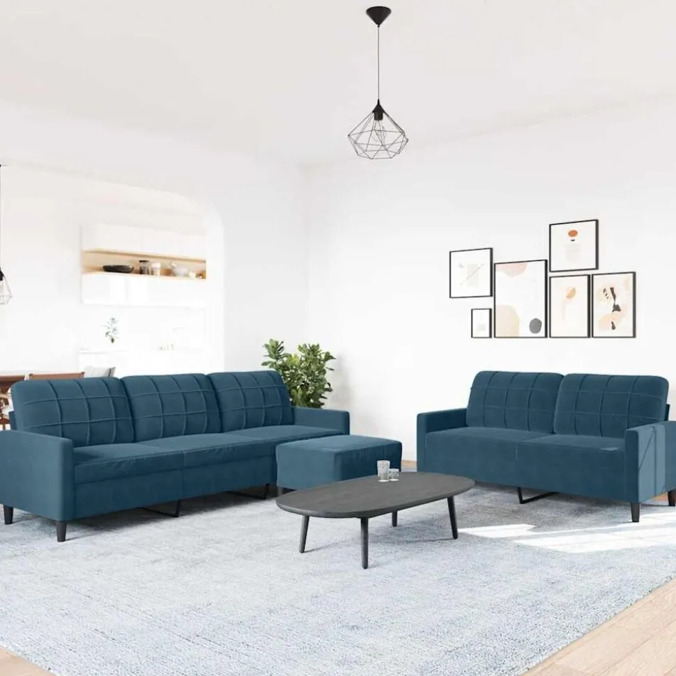 vidaXL 3-delige Loungeset met kussens fluweel blauw