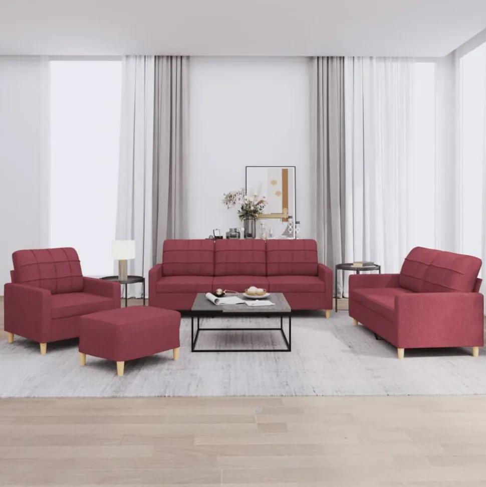 vidaXL 4-delige Loungeset met kussens stof wijnrood
