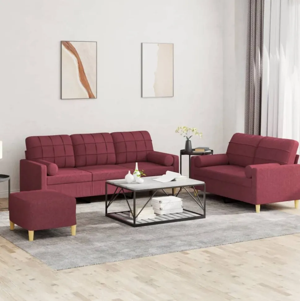vidaXL 3-delige Loungeset met kussens stof wijnrood