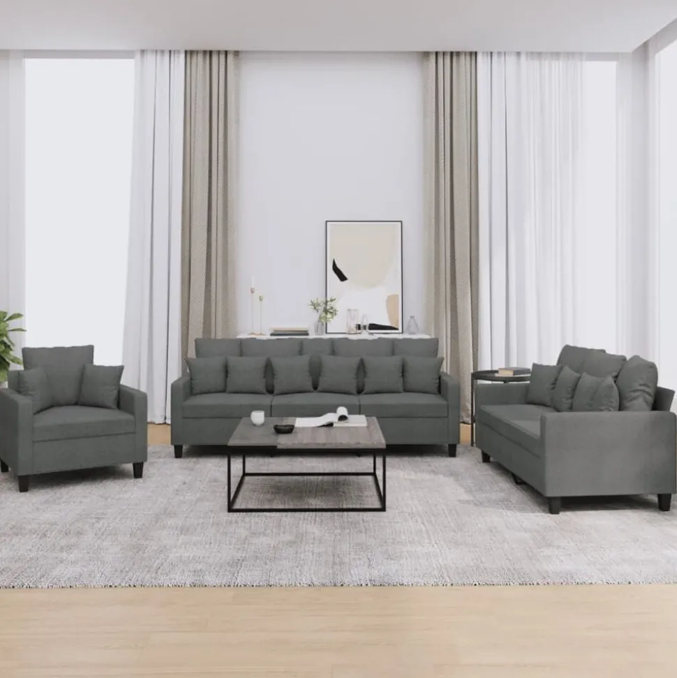 vidaXL 3-delige Loungeset met kussens stof donkergrijs