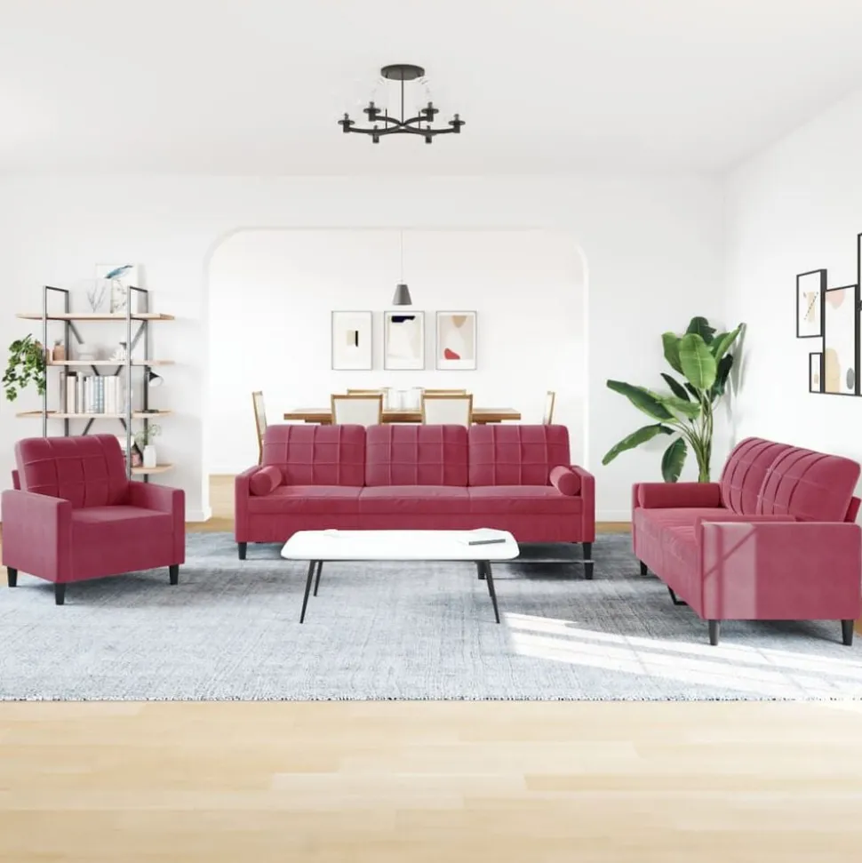 vidaXL 3-delige Loungeset met kussens en bolsters fluweel wijnrood