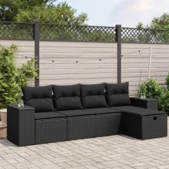 vidaXL 5-delige Loungeset met kussens poly rattan zwart