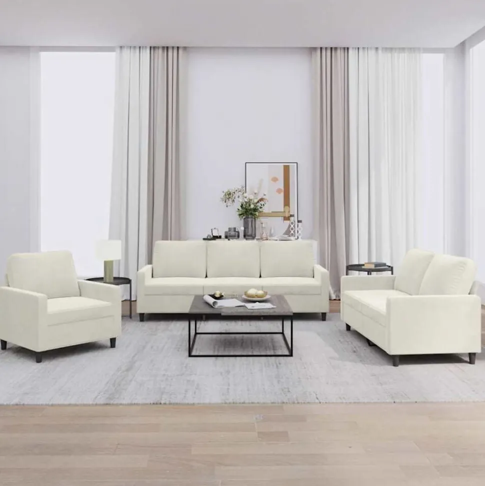 vidaXL 3-delige Loungeset met kussens fluweel crèmekleurig