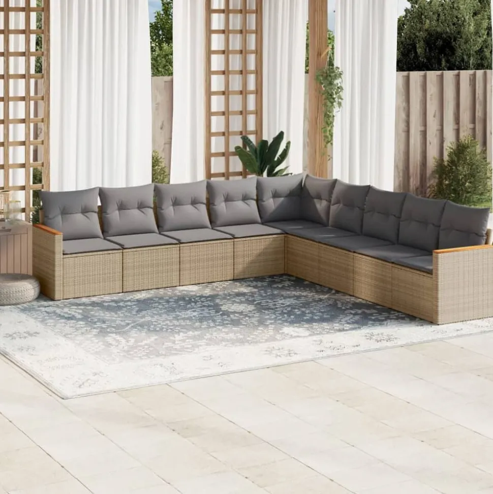 vidaXL 9-delige Loungeset met kussens poly rattan beige