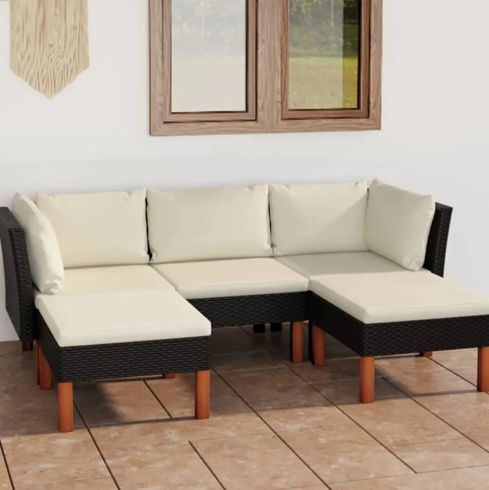 vidaXL 5-delige Loungeset met kussens poly rattan zwart