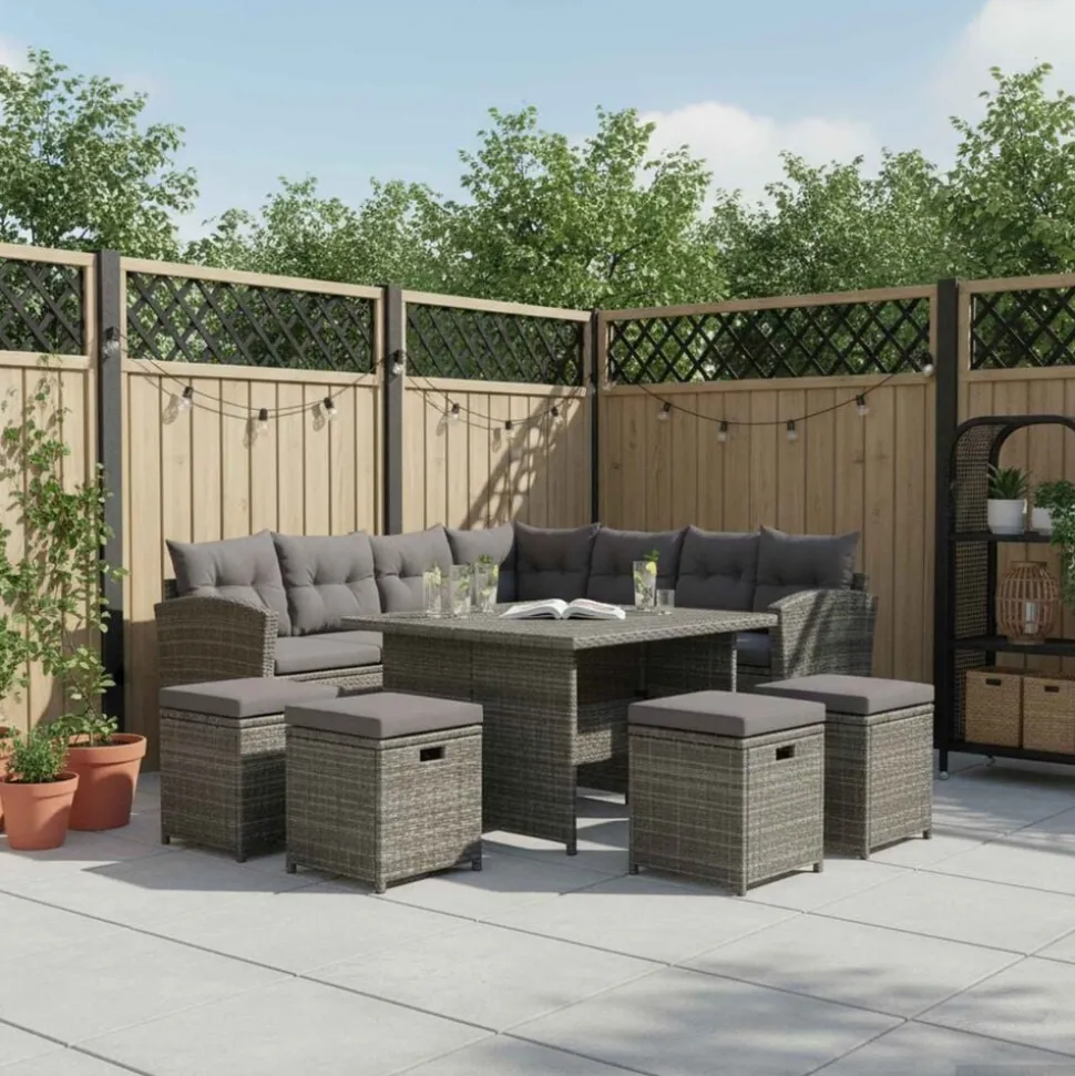 vidaXL 6-delige Loungeset met kussens poly rattan grijs