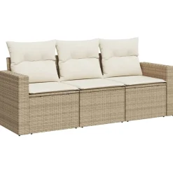 vidaXL 3-delige Loungeset met kussens poly rattan beige