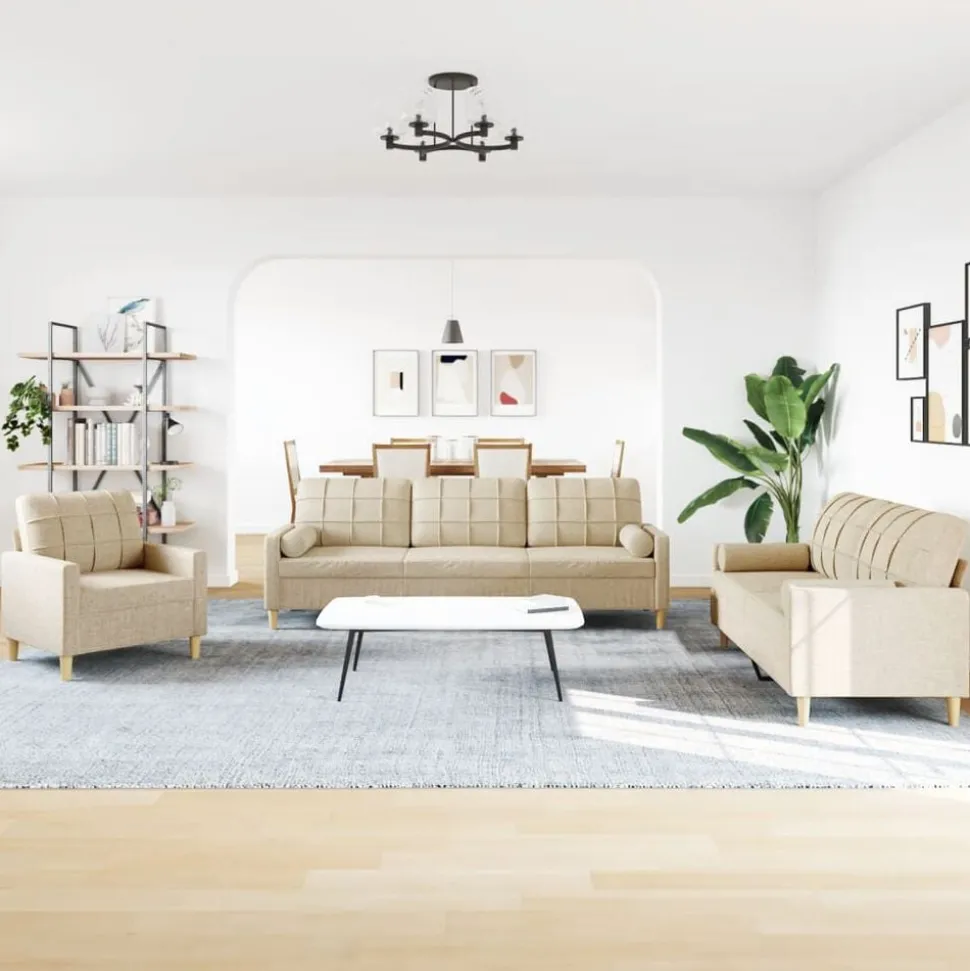 vidaXL 3-delige Loungeset met sierkussens stof crèmekleurig