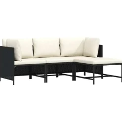 vidaXL 4-delige Loungeset met kussens poly rattan zwart