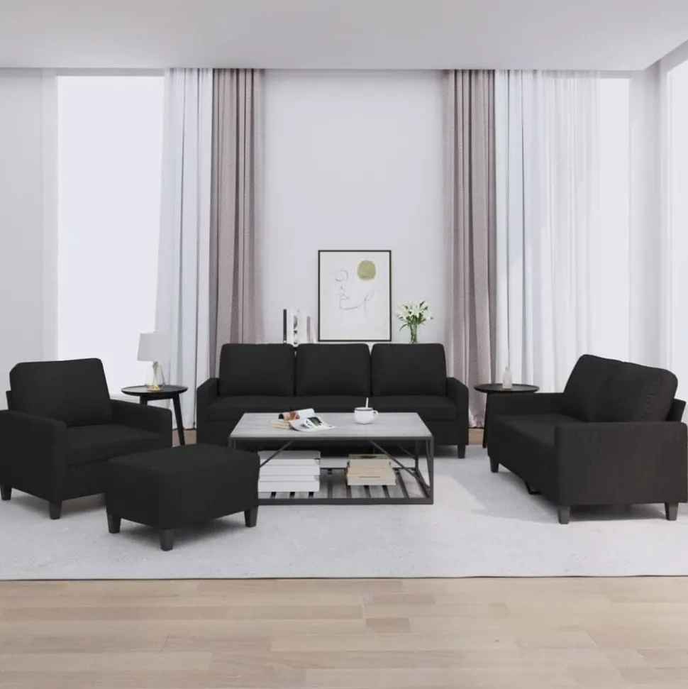 vidaXL 4-delige loungeset met kussens stof zwart