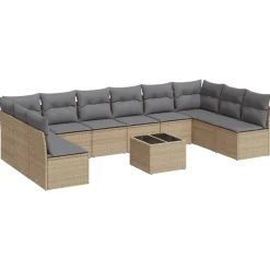 vidaXL 11-delige Tuinset met kussens poly rattan beige