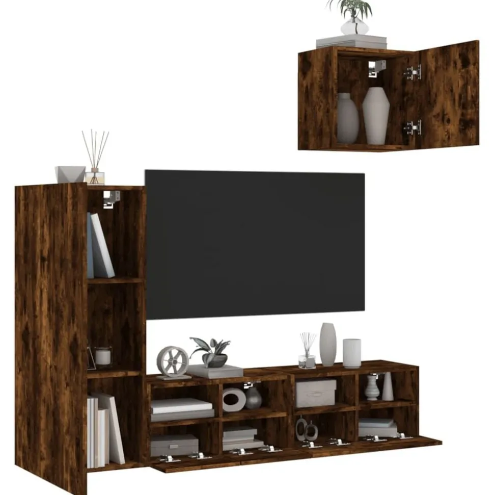 vidaXL 4-delige Tv-wandmeubelset bewerkt hout gerookt eikenkleurig