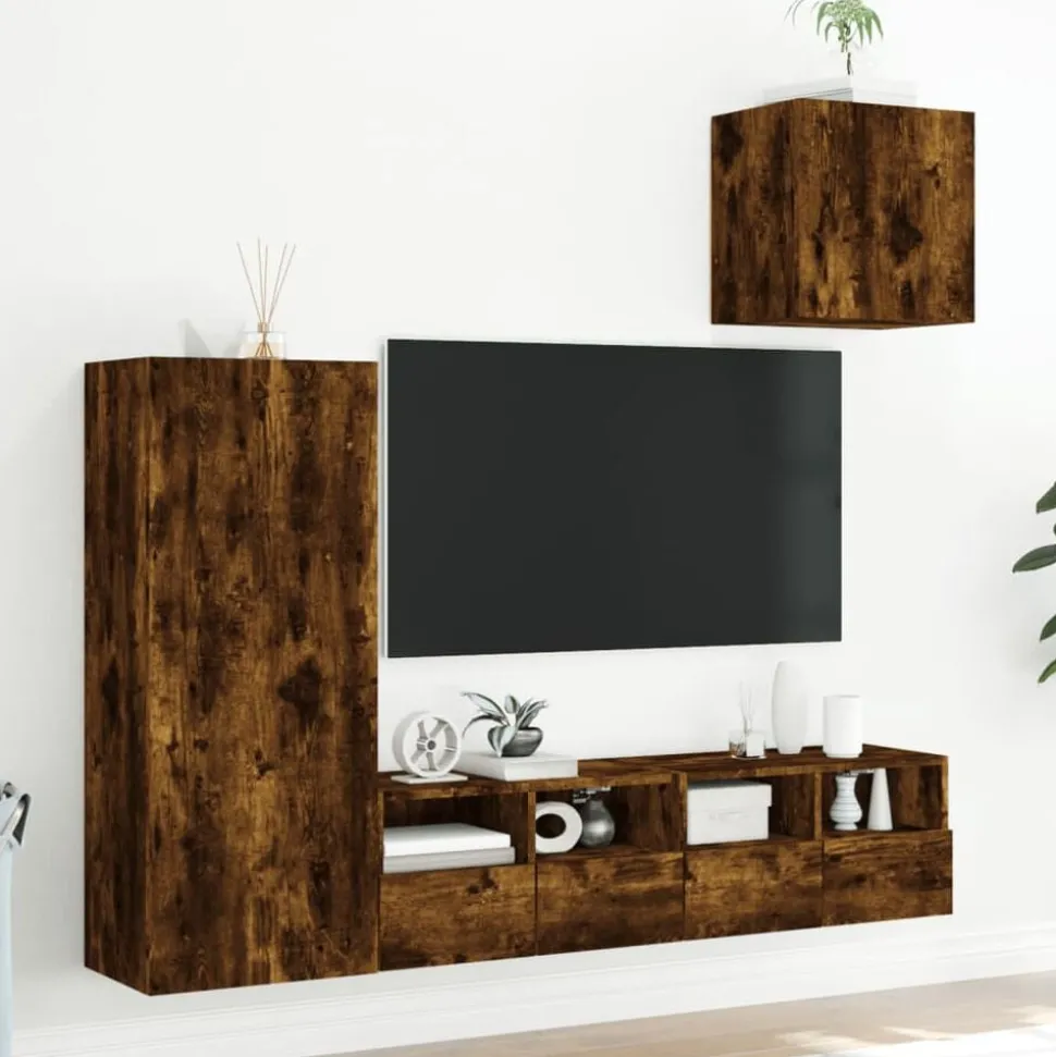 vidaXL 4-delige Tv-wandmeubelset bewerkt hout gerookt eikenkleurig