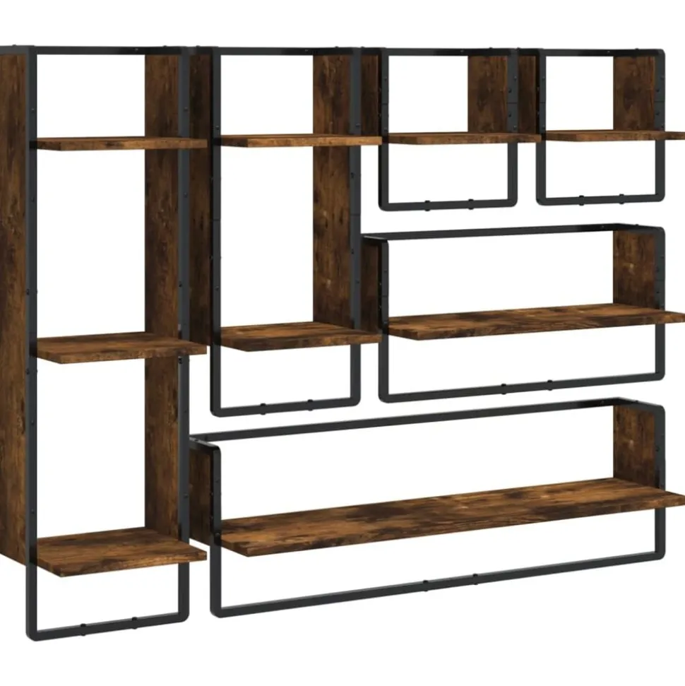 vidaXL 6-delige Wandschappenset met stangen bewerkt hout gerookt eiken