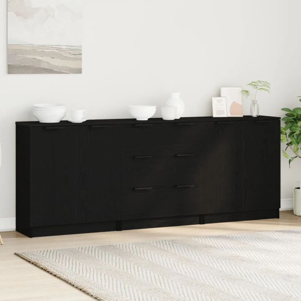 vidaXL Dressoir 3 pcs Zwart Eiken 180 x 30 x 70 cm Bewerkt hout