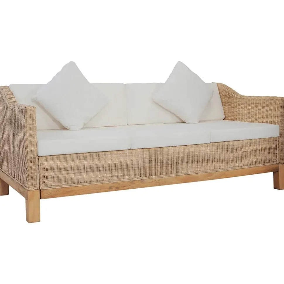 vidaXL Driezitsbank met kussens natuurlijk rattan