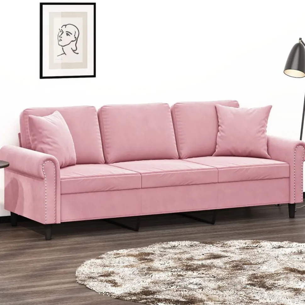 vidaXL Driezitsbank met sierkussens 180 cm fluweel roze