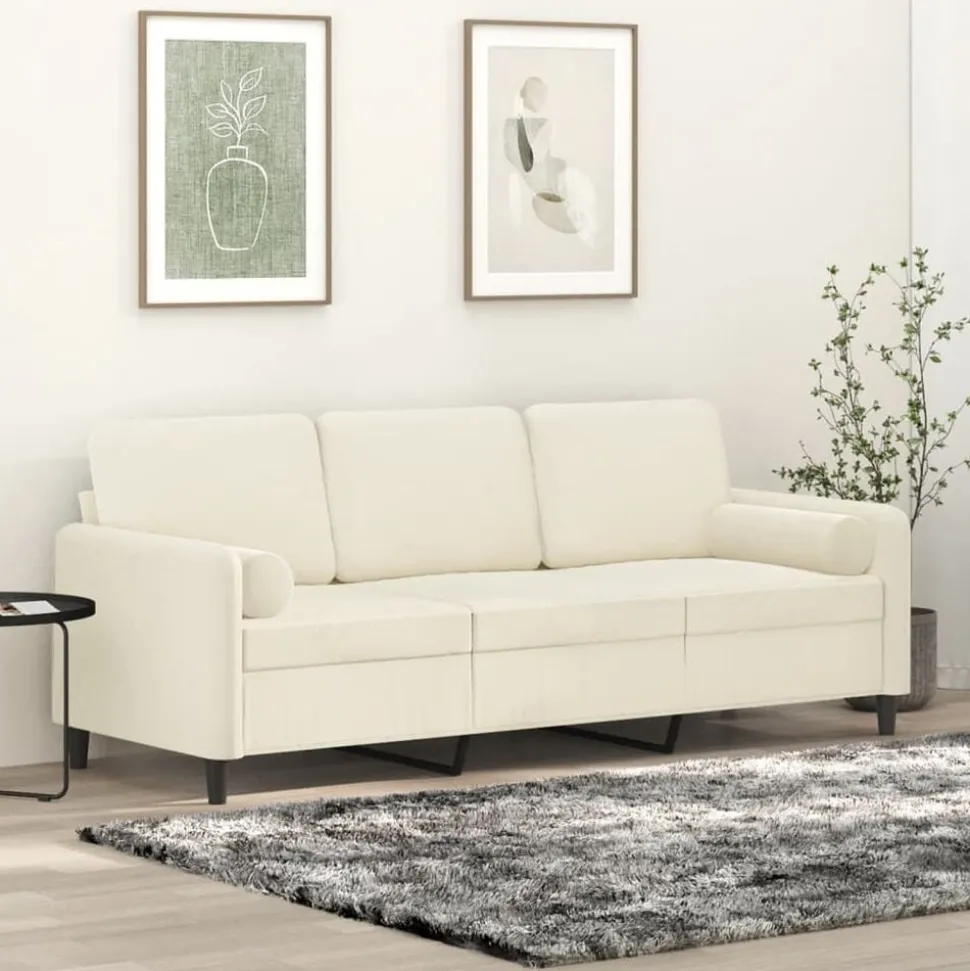 vidaXL Driezitsbank met sierkussens 180 cm fluweel crèmekleurig