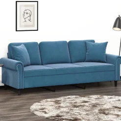 vidaXL Driezitsbank met sierkussens 180 cm fluweel blauw
