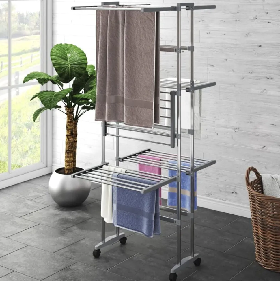 vidaXL Droogrek 3-laags met wieltjes 60x70x129 cm zilverkleurig