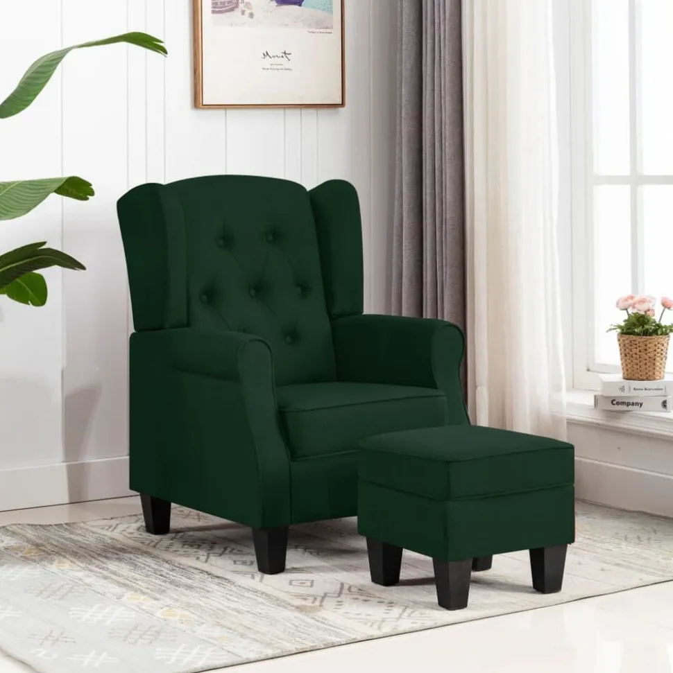 vidaXL Fauteuil met voetenbankje stof donkergroen
