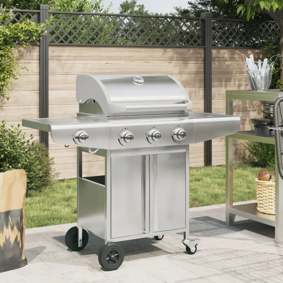 vidaXL Gasbarbecue met 4 branders roestvrij staal zilverkleurig