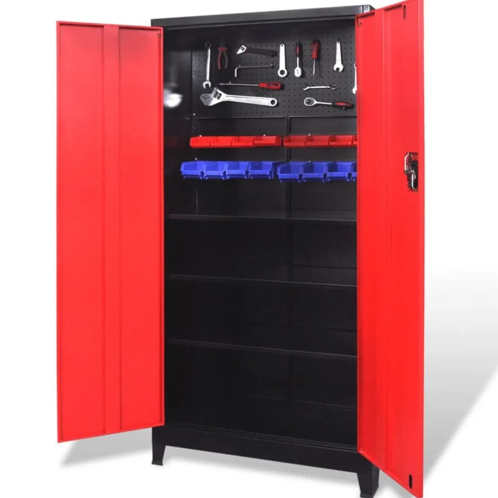 vidaXL Gereedschapskast met 2 deuren 90x40x180 cm staal zwart en rood
