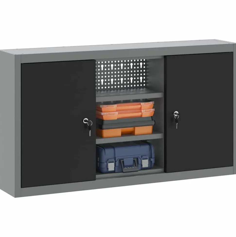 vidaXL Gereedschapskast met plank Zwart en Grijs 50 x 20 x 55 cm