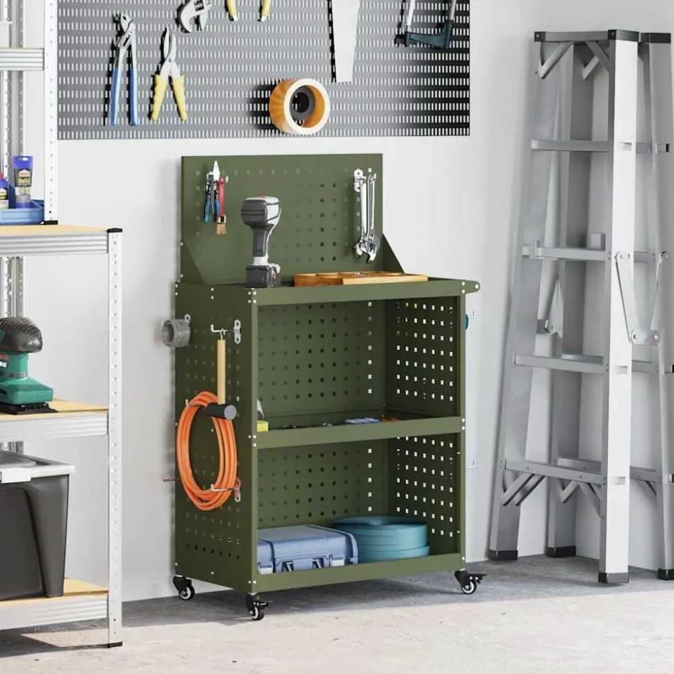 vidaXL Gereedschapswagen met plank Olijf Groen 65 x 35 x 111 cm