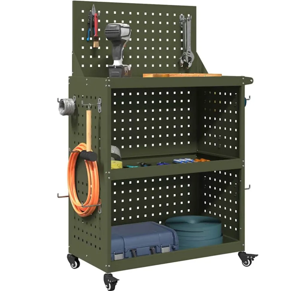 vidaXL Gereedschapswagen met plank Olijf Groen 65 x 35 x 111 cm
