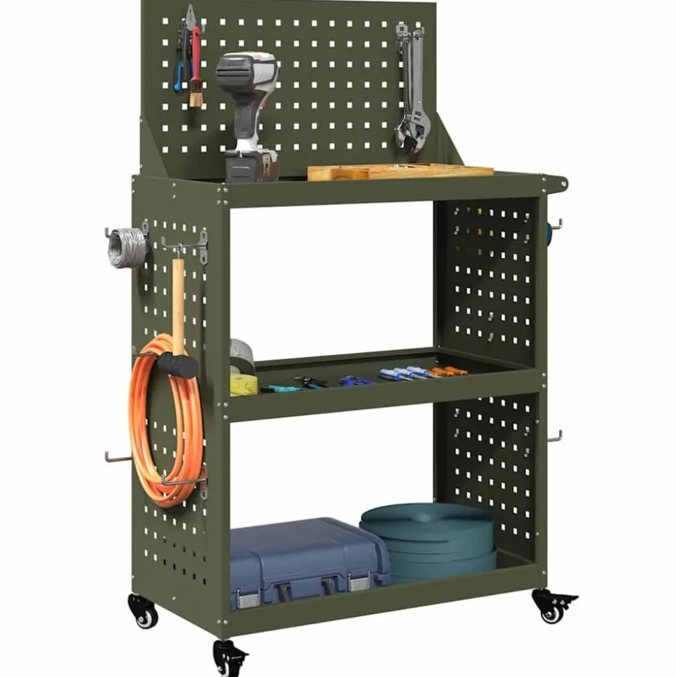 vidaXL Gereedschapswagen met plank Olijf Groen 65 x 35 x 111 cm