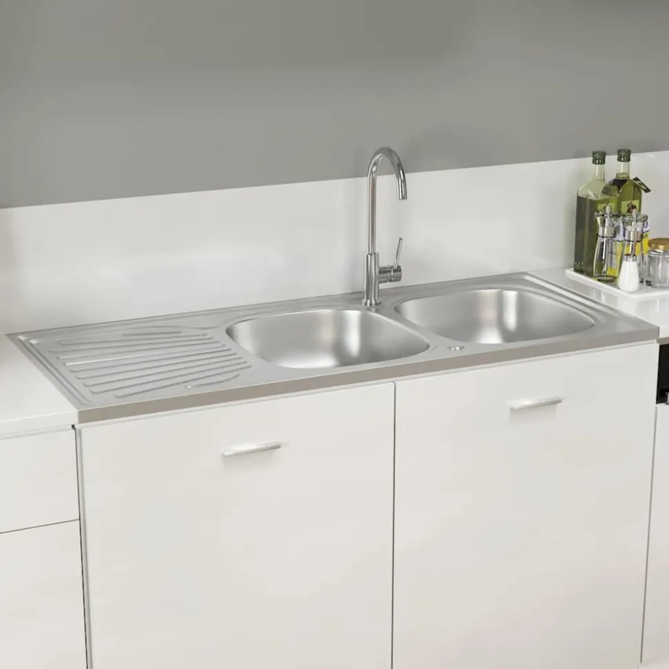 vidaXL Gootsteen dubbele bakken 1200x500x155 mm roestvrij staal zilver