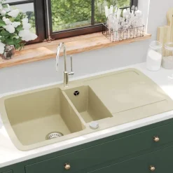 vidaXL Gootsteen dubbele bakken graniet beige