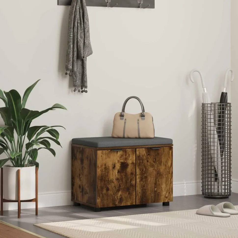 vidaXL Halbank met kussen met plank Gerookte Eik 60 x 38 x 46 cm