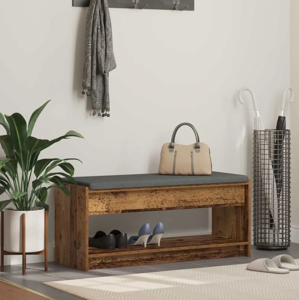 vidaXL Halbank met kussen met plank Oudhout 103 x 38 x 45 cm