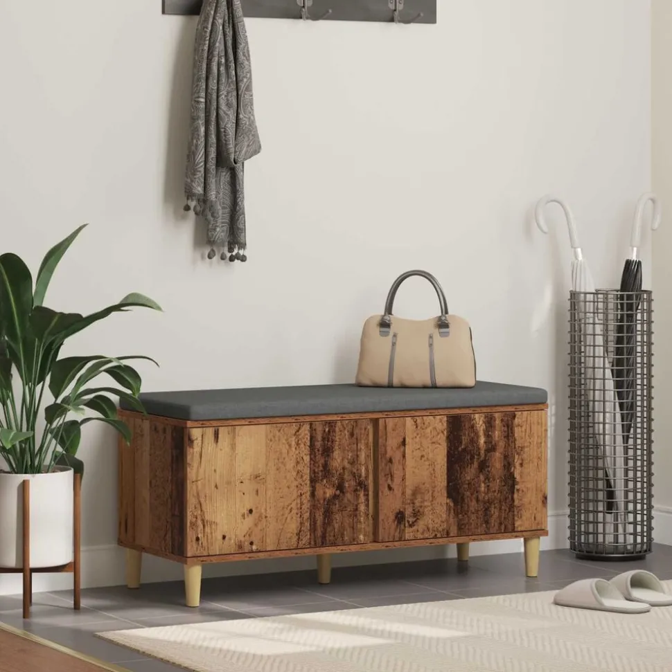 vidaXL Halbank met kussen met opslag Oudhout 100 x 38 x 46 cm