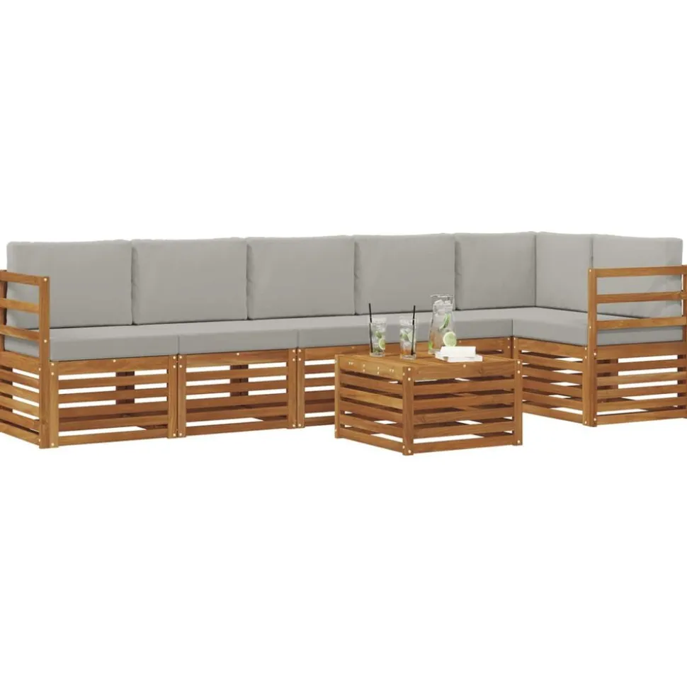 vidaXL Hoekbank Set 7 pcs Natuurlijk en Lichtgrijs Massief Acaciahout
