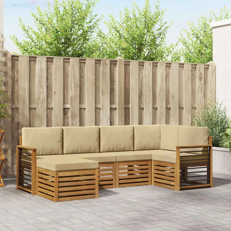 vidaXL Hoekbank Set 6 pcs Natuurlijk en Beige Massief Acaciahout