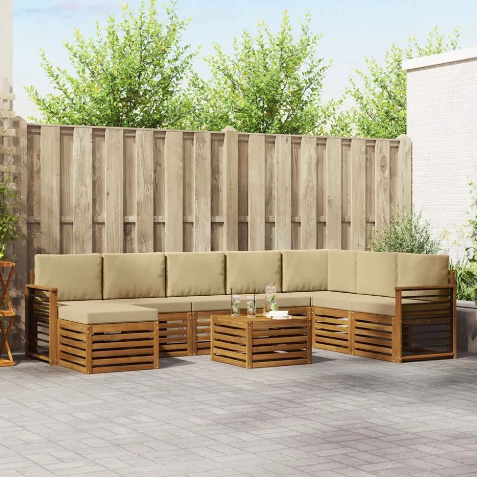 vidaXL Hoekbank Set 9 pcs Natuurlijk en Beige Massief Acaciahout