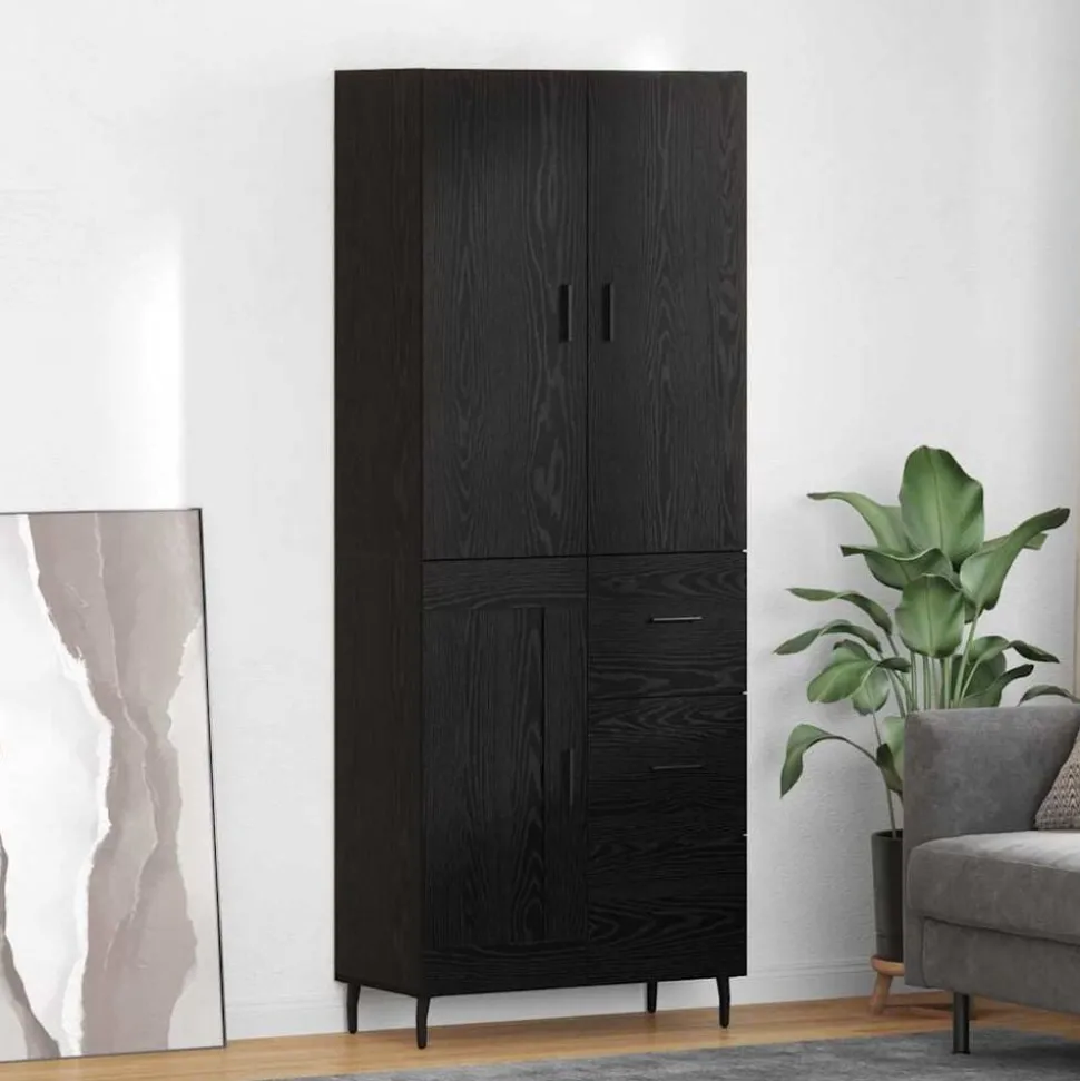 vidaXL Hoge kast met lade 2 pcs Zwart eiken Geengineerd Hout en Glas
