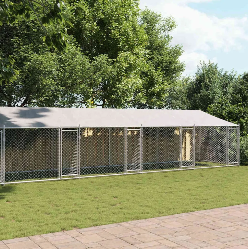 vidaXL Hondenhok met dak en deuren 12x2x2 m gegalvaniseerd staal grijs